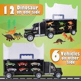Dinosaur Truck Car Toys Transport Carrier with Dino Figures & Egg, Diecast Racing Car, Road Signs and Play Mat 37 PCS Vehicles Play Set for Children